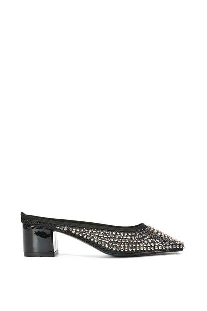 Black 'Brooklyn' Square Toe Court Shoe Mule Block Heels With Crystal Mesh