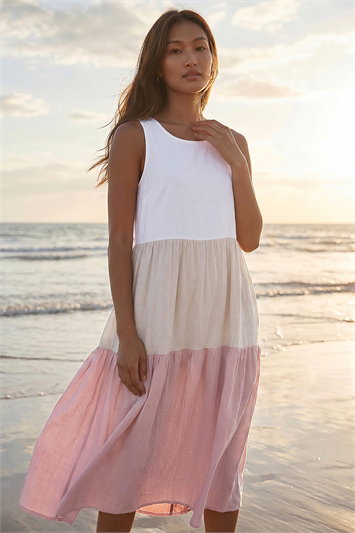 Pink Colour Block Tiered Linen Blend Midi Dress