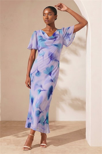 Blue Petite Floral Cowl Neck Midi Dress