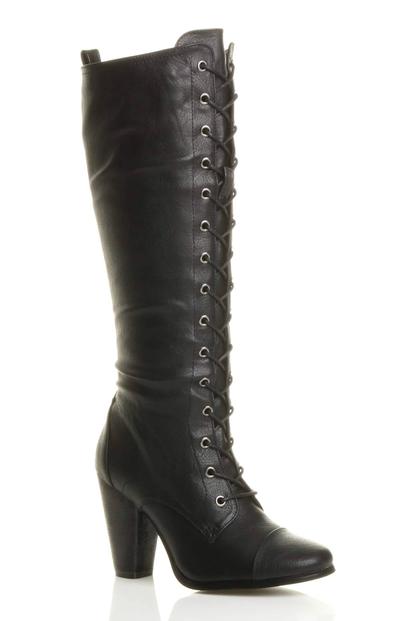 Black High Heel Lace Up Victorian Style Knee High Boots