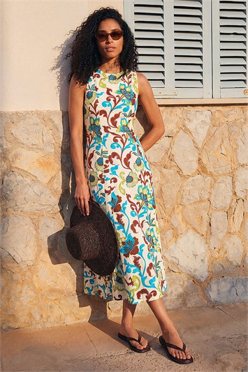 Blue Floral Pleated A-Line Midi Dress