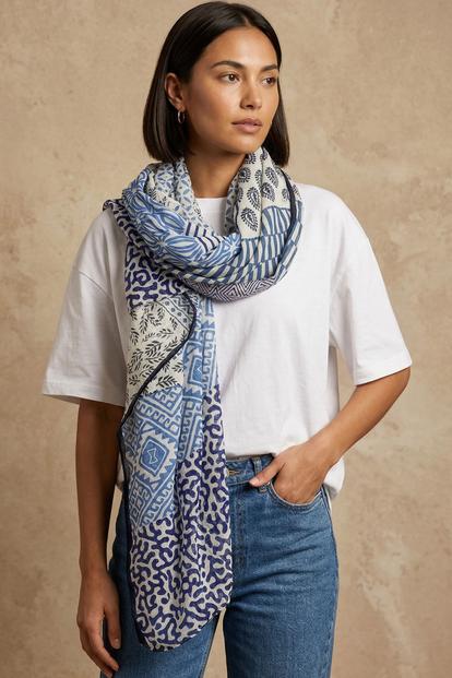 Blue Mixed Print Lightweight Cotton Scarf
