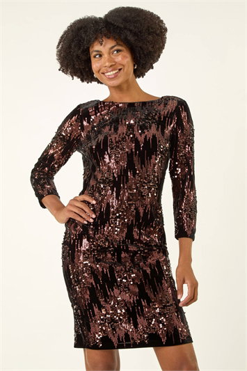 Brown Sequin Velvet Shift Stretch Dress