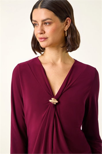 Red V-Neck Metal Trim Stretch Top