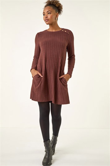 Brown Textured Ribbed Swing Dress