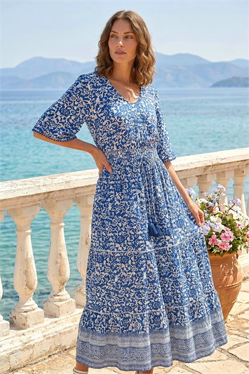 Petite Print Tassel Tie Waist Midi Dress 14832109