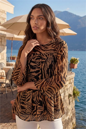 Brown Animal Print Tiered Top