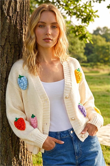 White Fruit Embroidered Knit Cardigan