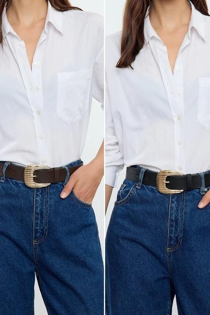 Multi Gold Ribbed Oval Buckle Wide Faux Leather Waist Belt