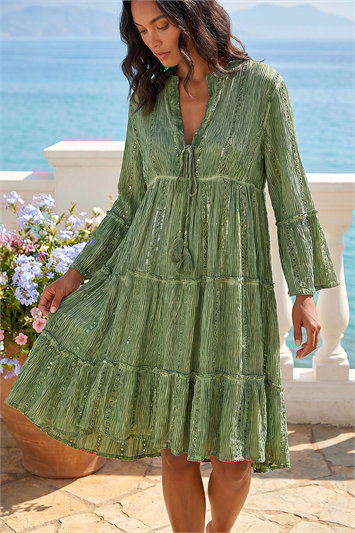 Green Shimmer Tie Detail Smock Dress
