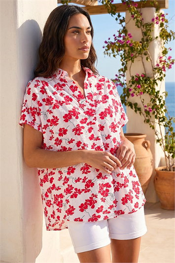 Red Floral Pleat Front Relaxed Overshirt