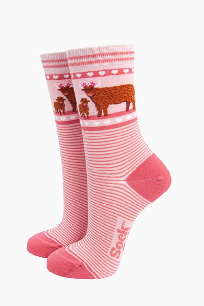Pink Highland Cow And Calf Bamboo Socks