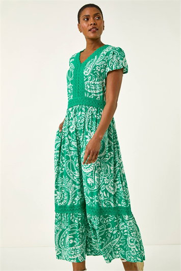 Green Paisley Lace Trim Maxi Dress