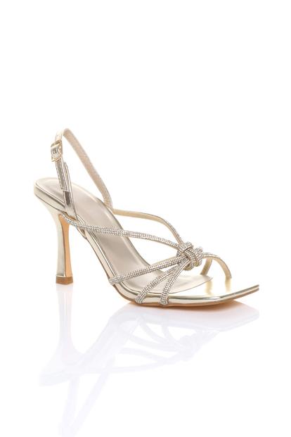 Metallic High Heel Diamante Slingback Knotted Sandals