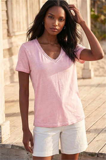 Pink Bead Trim Detail V-Neck Top