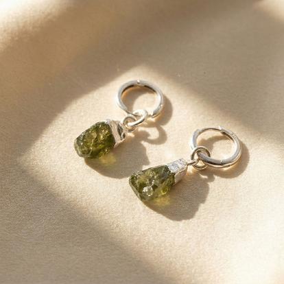 Metallic Raw Peridot Sterling Silver Round Huggies
