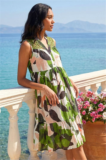 Leaf Print Tiered Smock Midi Dress 14641934
