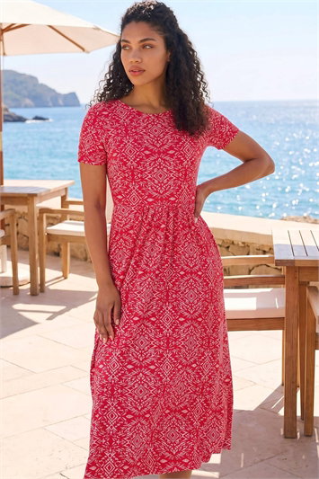 Red Petite Aztec Gathered Waist Midi Dress