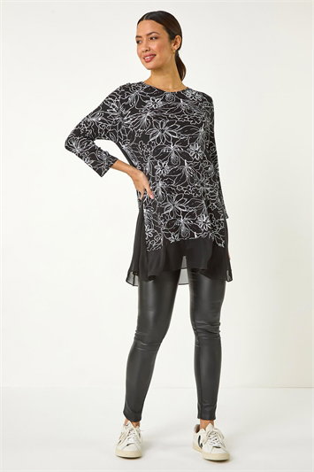 Floral Print Mesh Hem Tunic Top 19397708