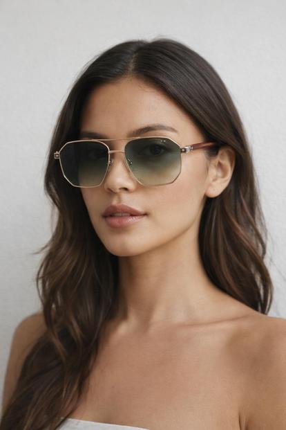 Green Retro Square Navigator Sunglasses In Green Brown