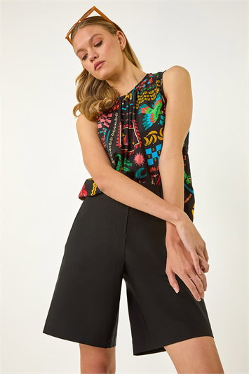 Black Buttoned Wide Leg Stretch Shorts