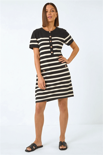 Black Stripe Button A-Line Knit Dress