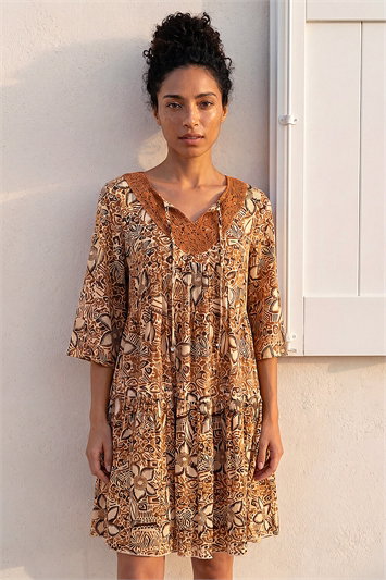 Brown Abstract Print Trim Detail Tie Front Dress
