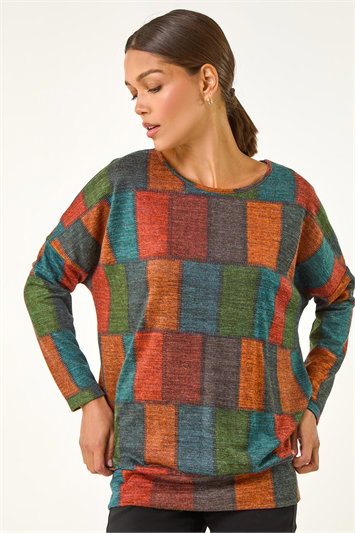 Patchwork Print Drop Shoulder Stretch Top 19325378