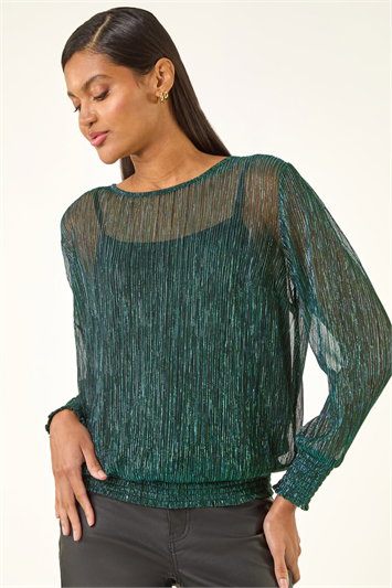 Green Plisse Shimmer Shirred Hem Top