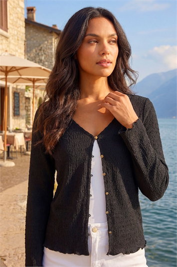 Black Textured V-Neck Cardigan