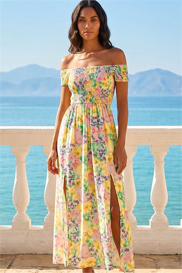 Floral Print Bardot Shirred Midi Dress 14851596