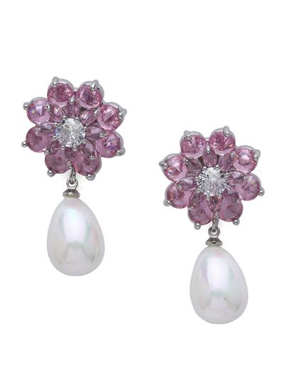 Pink Floral Pearl Drop Earrings