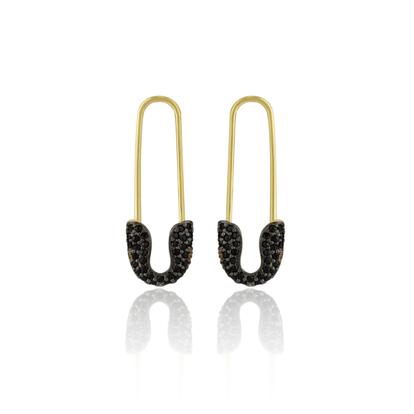 Metallic Black Pave Safety Pin Earring Jewelled Sterling Silver