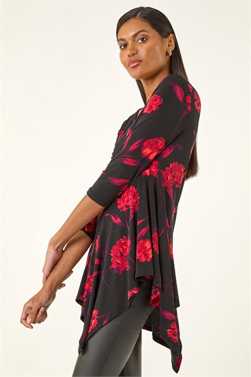Red Floral Print Asymmetric Stretch Top