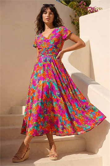 Pink Floral Ruched Waist Midi Dress