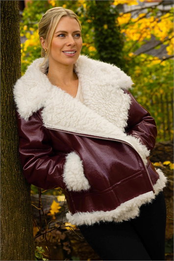 Contrast Faux Leather Aviator Coat 12038715