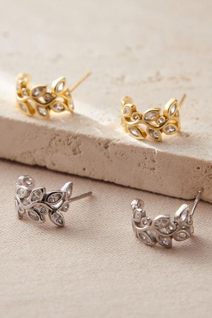 Metallic Sterling Silver Cz Olive Leaf Half Hoop Studs