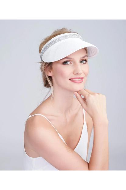 White Topaz - Woven Straw Beaded Visor - White