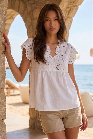 White Broderie Buttoned Top