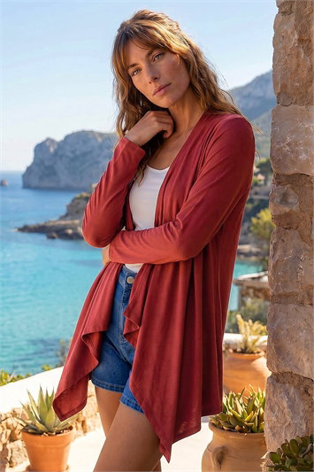 Red Waterfall Front Jersey Cardigan