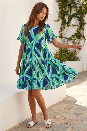 Green Abstract Print Tiered Smock Dress