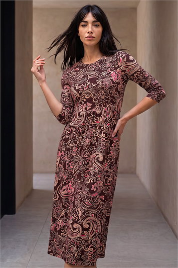 Brown Petite Floral Midi Dress