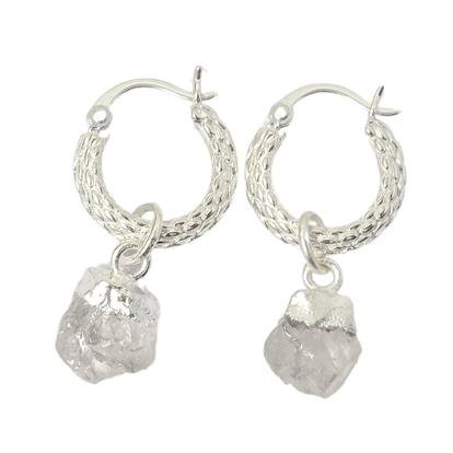 Metallic Raw Moonstone June Birthstone Huggie Hoops Sterling Silver Gemstone Earrings