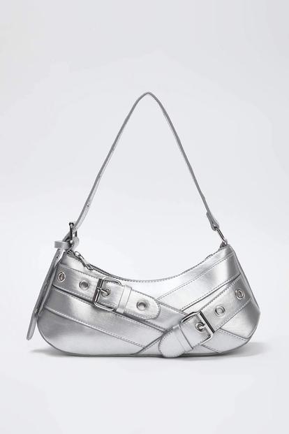 Black Baguette Shoulder Bag With Belt-Buckle Hardware