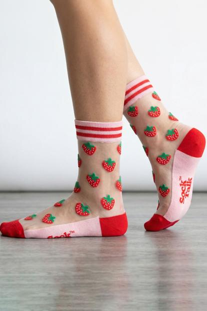 Red Strawberries Fruit Combed Cotton Sheer Pop Socks In Red
