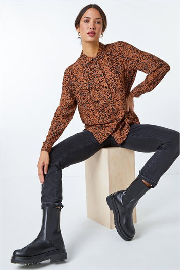 Cream Leopard Print Pocket Detail Long Sleeve Blouse