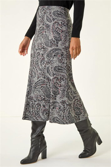 Grey Paisley Print Stretch Midi Skirt