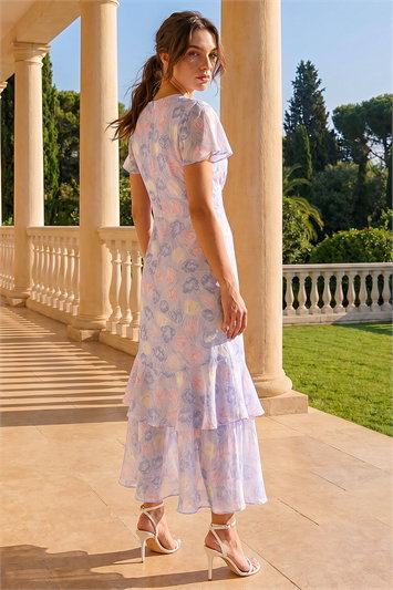 Petite Floral V-Neck Frill Midi Dress 14867548