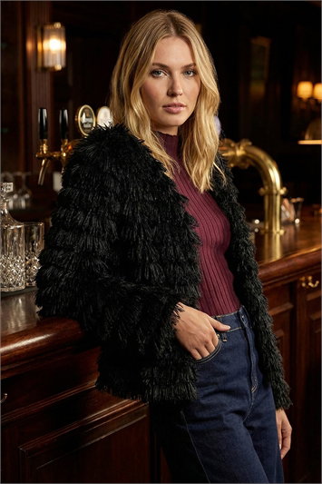 Black Faux Fur Fluffy Layered Jacket
