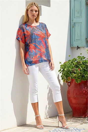 Leaf Print Mesh Overlay Top 19490964